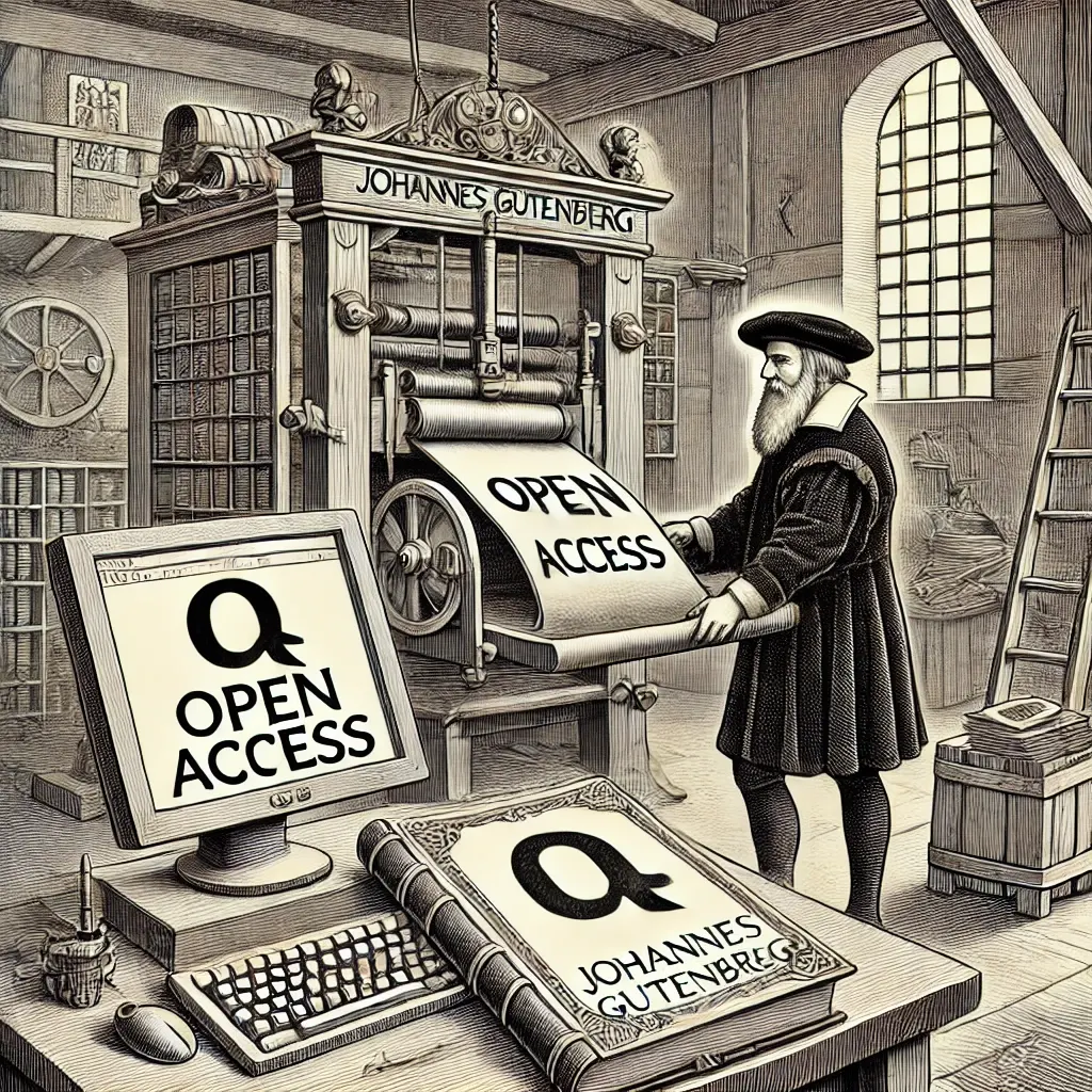 Engraving-style illustration of Johannes Gutenberg operating a historical printing press labeled with his name. Instead of printing traditional books, the press is producing pages with the words "OPEN ACCESS." A modern computer screen and keyboard sit nearby, also displaying the phrase "OPEN ACCESS" alongside a stylized "Q" logo. A large book on the table bears the same text and Gutenberg’s name, blending elements of early print history with digital open access themes.